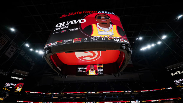 Apr 2, 2022; Atlanta, Georgia, USA; A general view of the arena and scoreboard on Quavo night prior to the game between the Brooklyn Nets against the Atlanta Hawks at State Farm Arena.